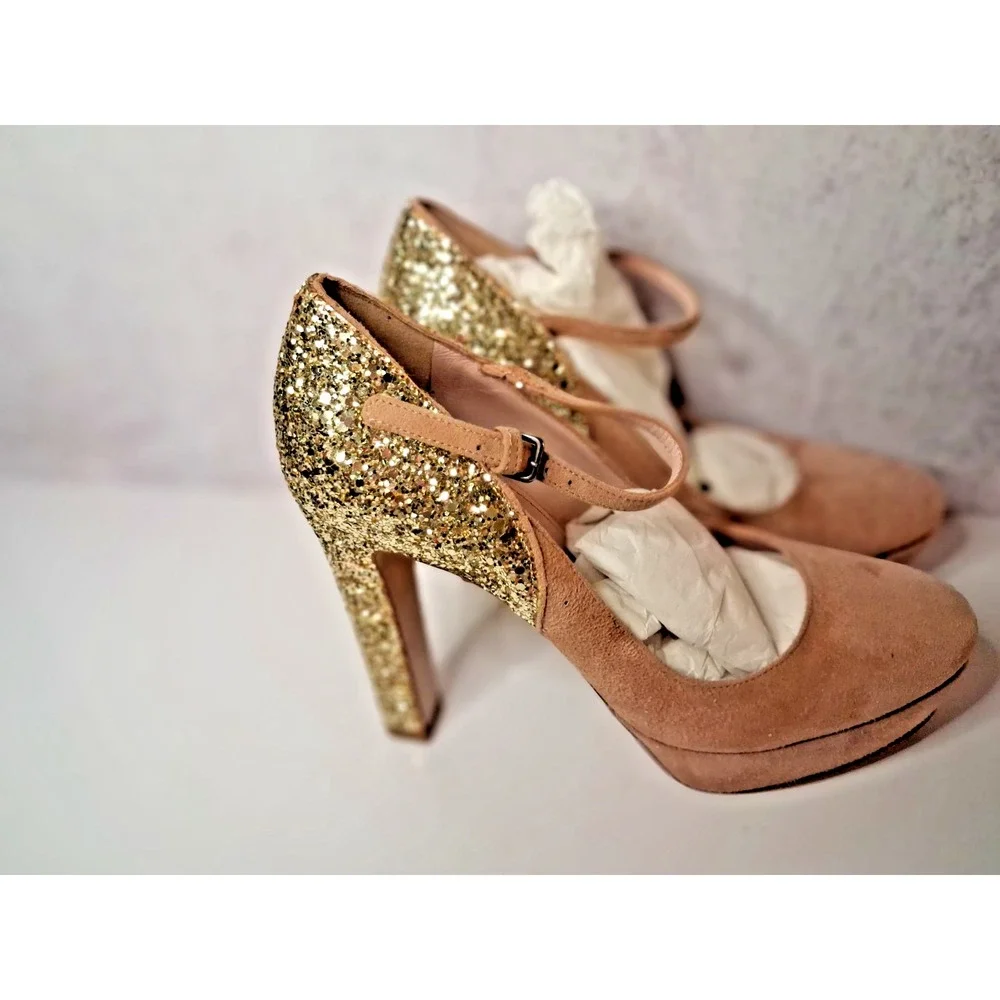 Suede Platform Pumps, Miu Miu,Glitter Heel Accent Womens SZ  7.5 NEW